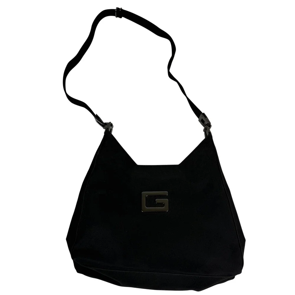 Unbranded‎ Black Nylon Hobo Shoulder Bag Gunmetal G Logo Plaque Adjustable Strap